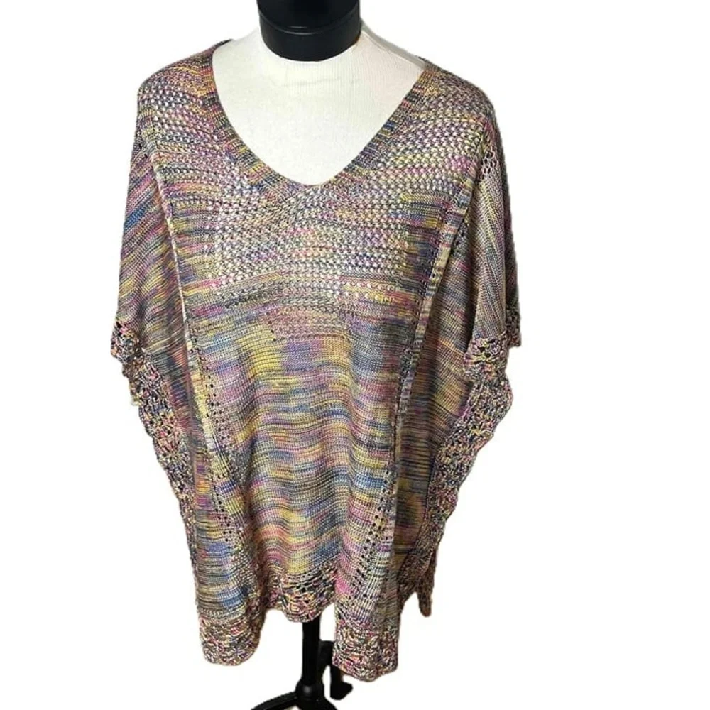 Rainbow Multicolor Vneck Crochet Pattern Loose Fit Boho Poncho‎ Small Medium
